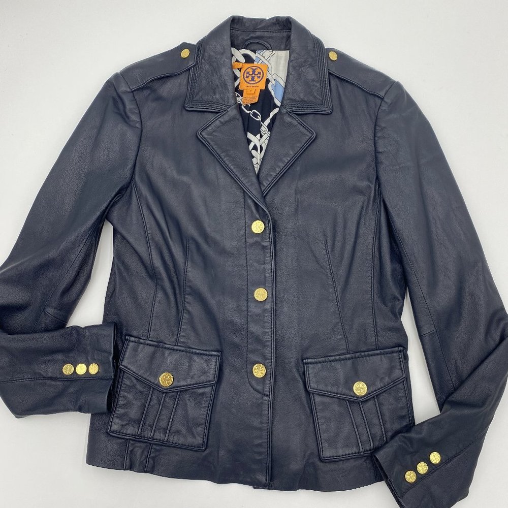Tory Burch Navy Leather Jacket: Size 10